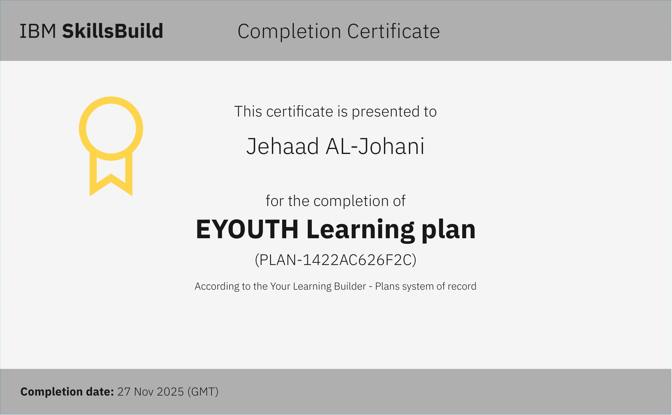 Certificate of Completion of IBM SkillsBuild EYouth Program