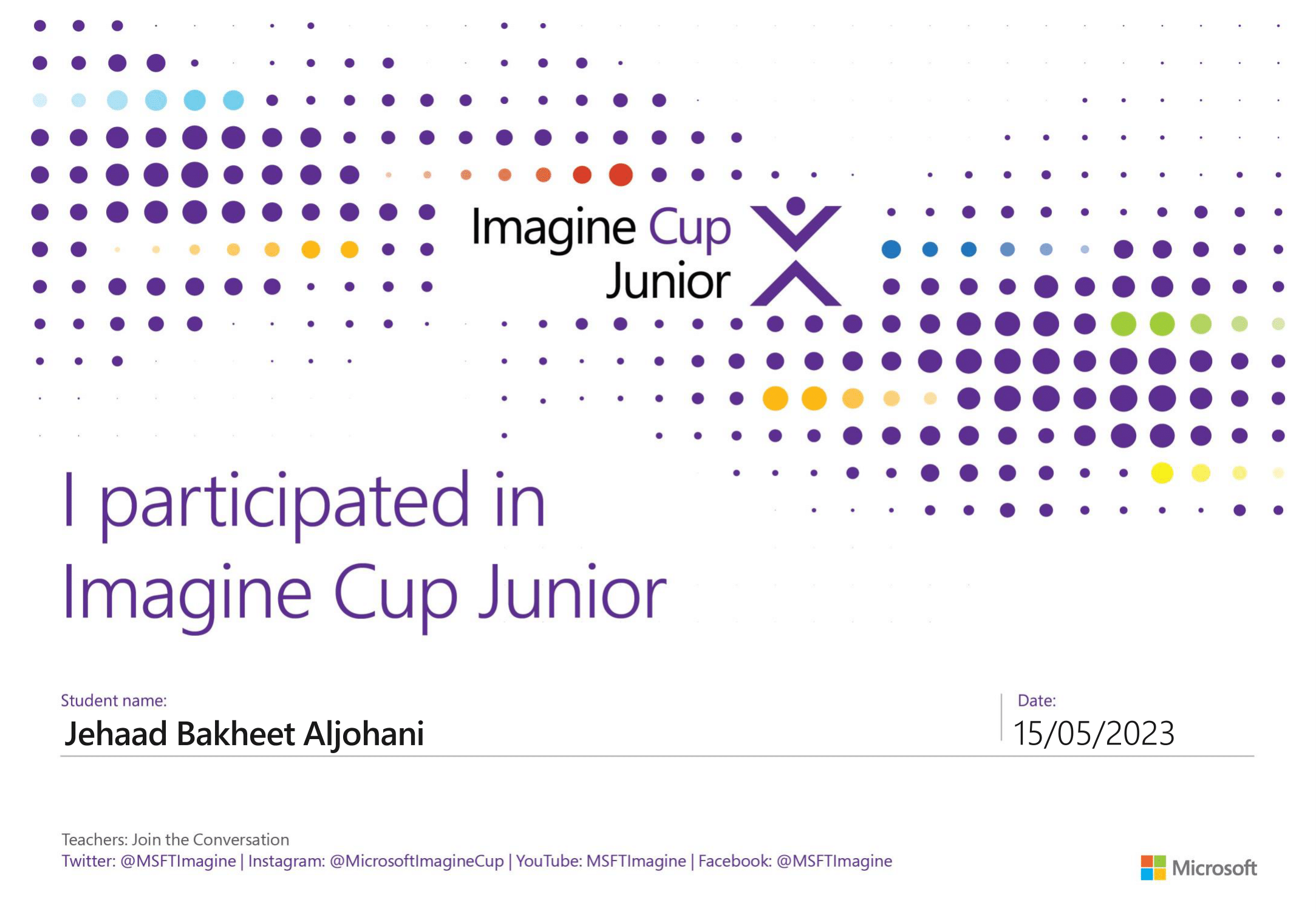 Certificate of Participation in Imagine Cup Junior